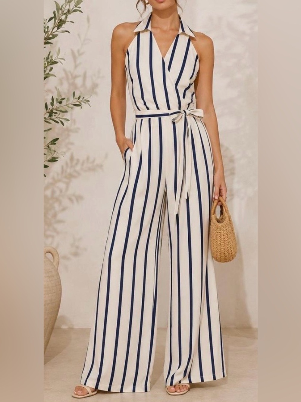 NWT Lulus Striped Wrap Halter Wide Leg Jumpsuit